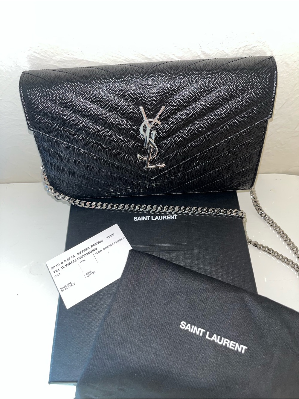 Saint Laurent YSL Cassandre Black Quilted Leather Chain Wallet Shoulder Bag